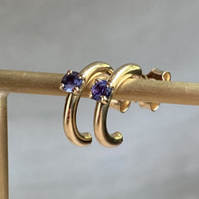 Load image into Gallery viewer, Bali solitary hoop earrings with blue sapphires
