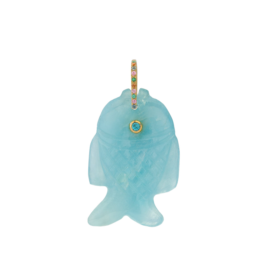 Holbox, little fish pendant in aquamarine with gemstones