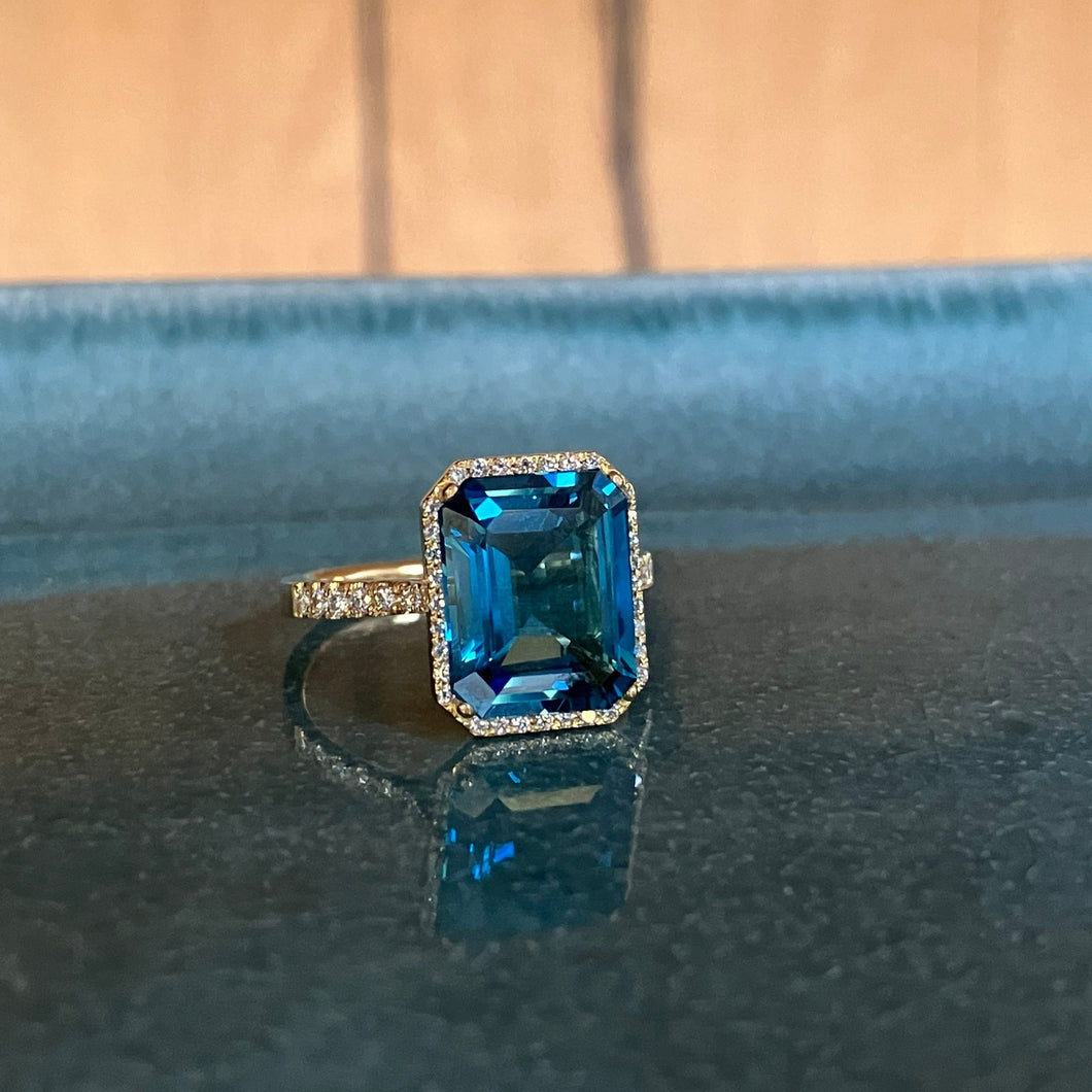 St. Barts ring with London Blue Topaz and diamonds